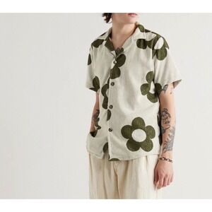 OAS Meadow Cuba Terry Shirt XL Mens Olive Green Floral Cotton Button Down Beach
